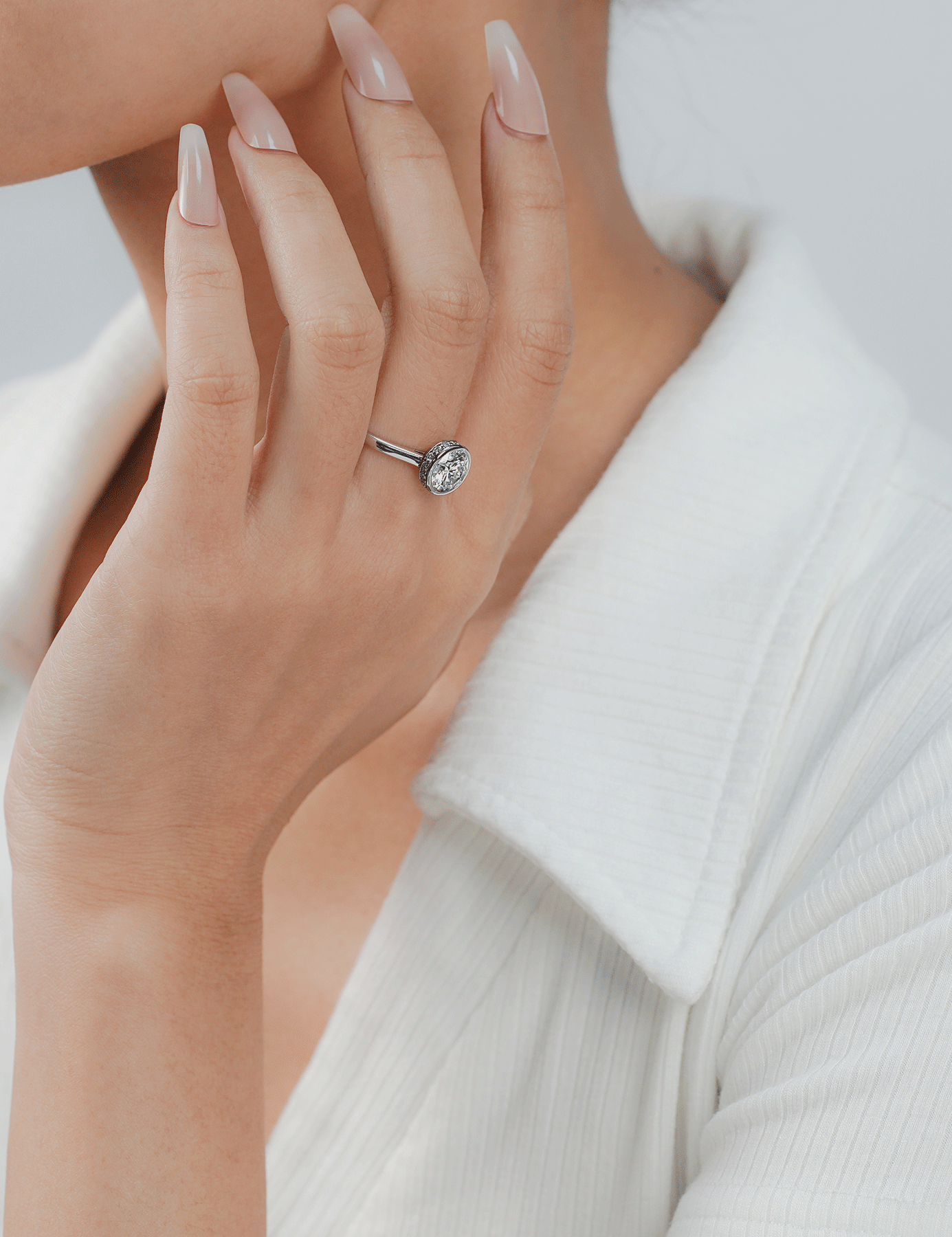 Solitaire Bezel Moissanite Hidden Halo Engagement Ring