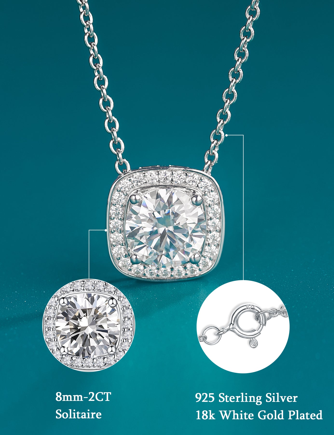 Moissanite Square Halo Pendant Necklaces for Women 1CT