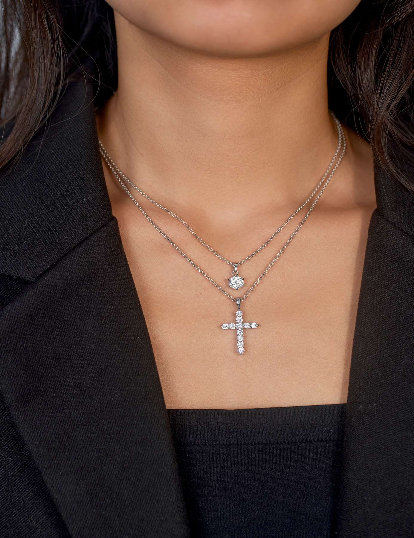 Moissanite Cross Pendent Necklace for Women in Sterling Silver 2.2MM/3MM