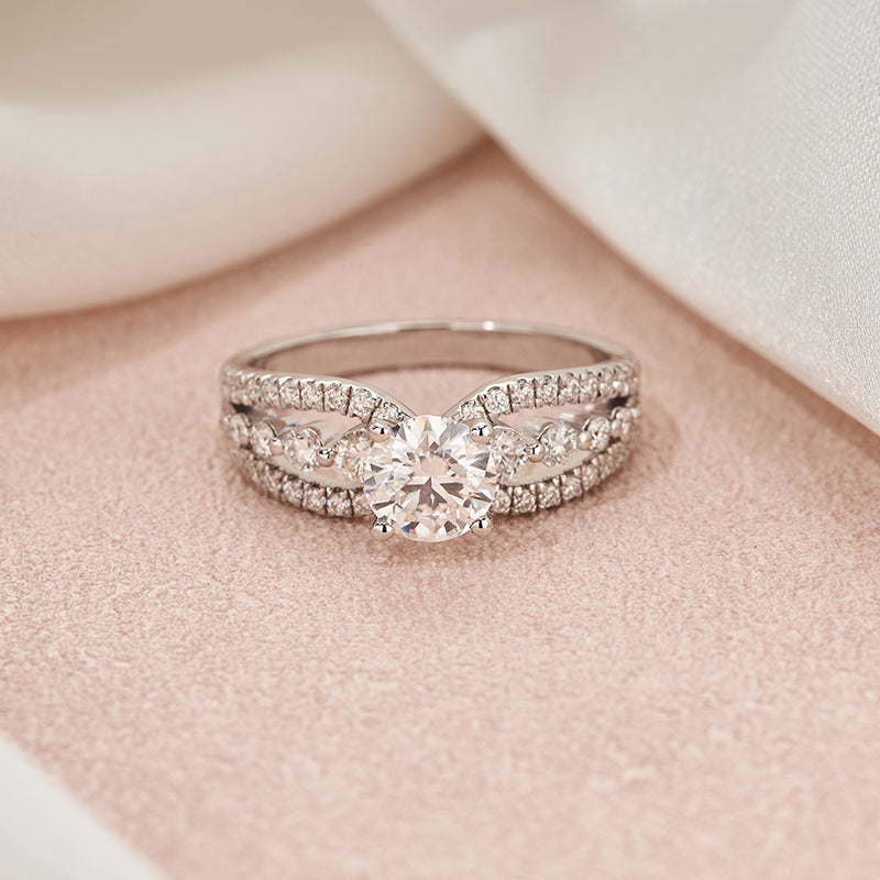 1CT Moissanite Split Shank 3 Rows Pave Engagement Ring for Women