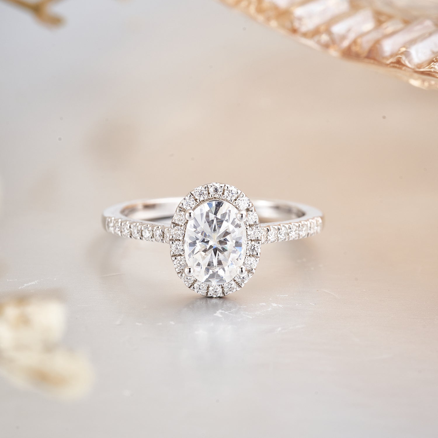 Oval Halo Moissanite Sterling Silver Engagement Ring for Women