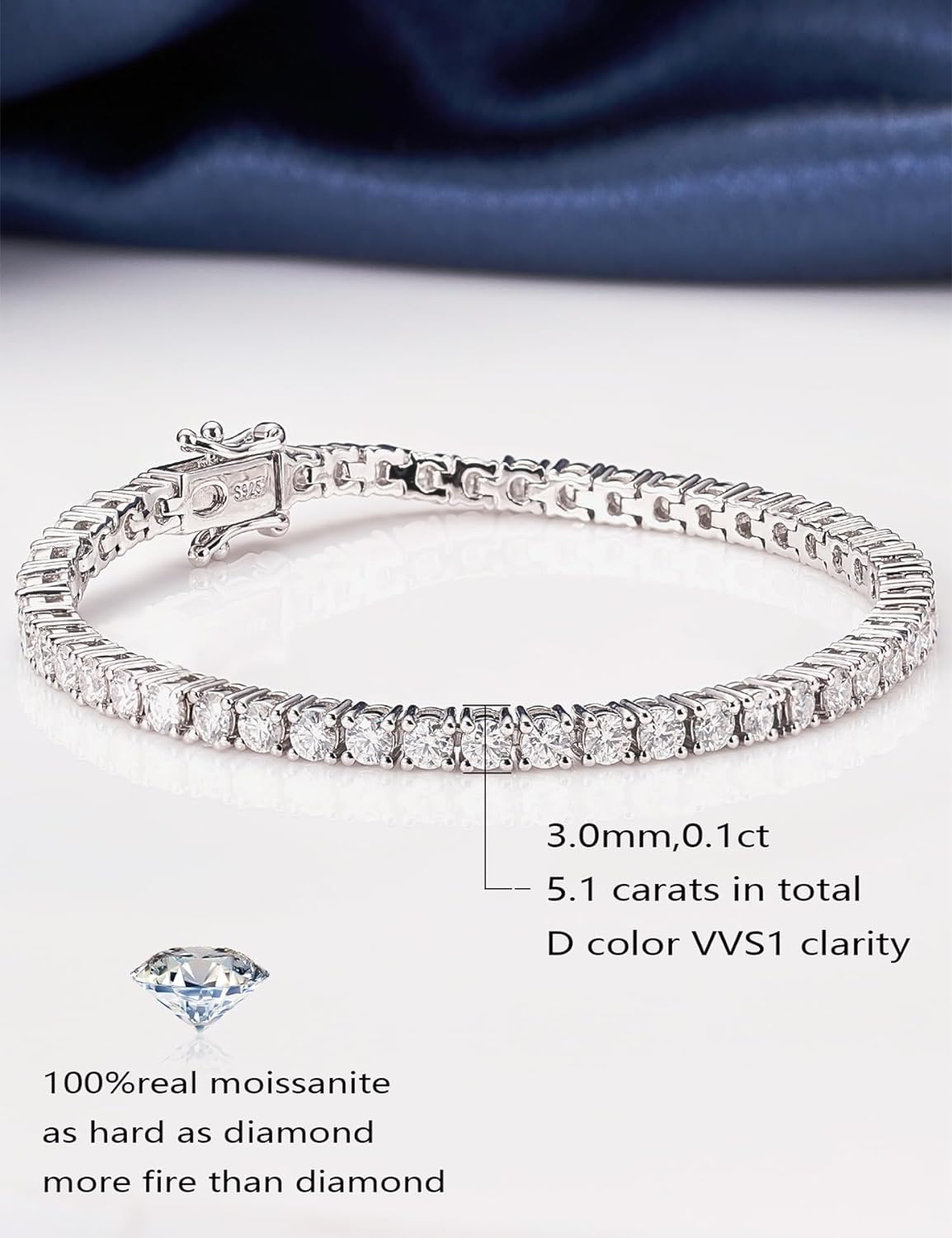 Moissanite Tennis Bracelet for Women in Sterling Silver 3mm