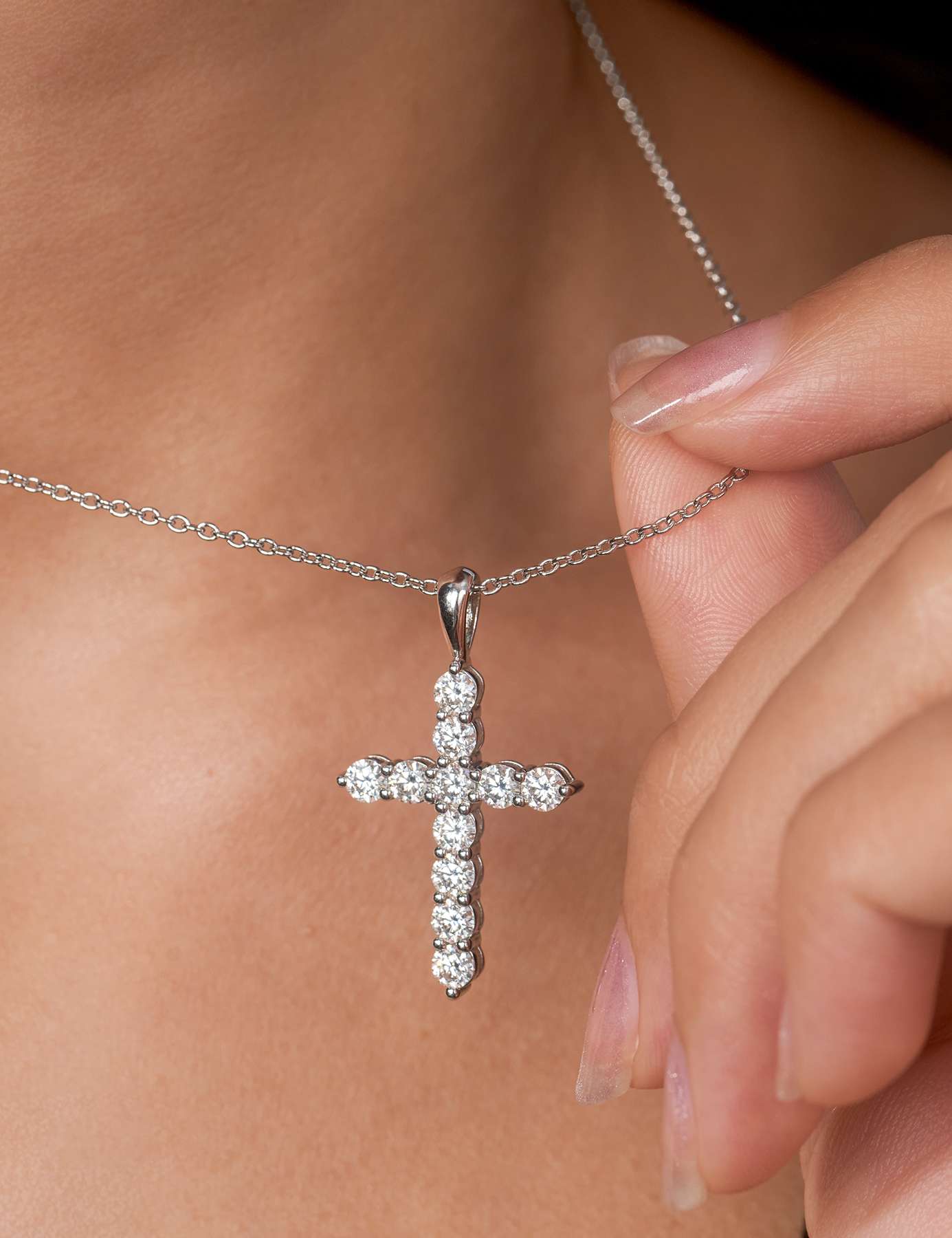 Moissanite Cross Pendent Necklace for Women in Sterling Silver 2.2MM/3MM