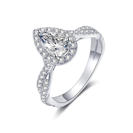 1CT Pear Shaped Moissanite Halo Engagement Ring with Infinity Band