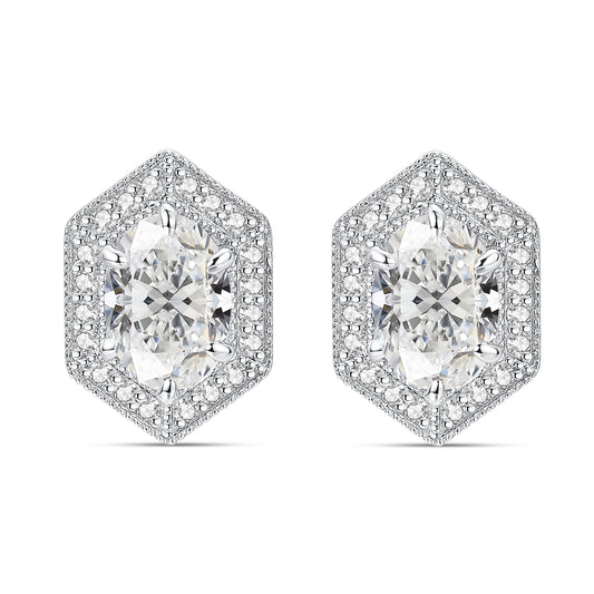 Moissanite Oval Cut Hexagon Halo Stud Earrings for Women