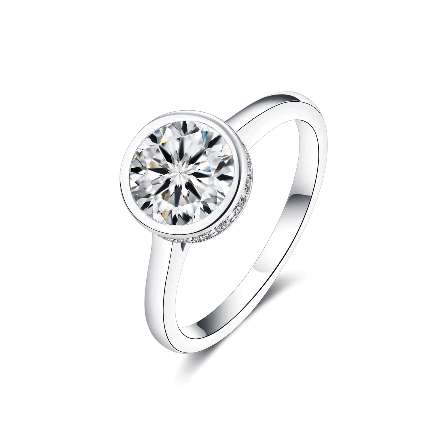 Solitaire Bezel Moissanite Hidden Halo Engagement Ring