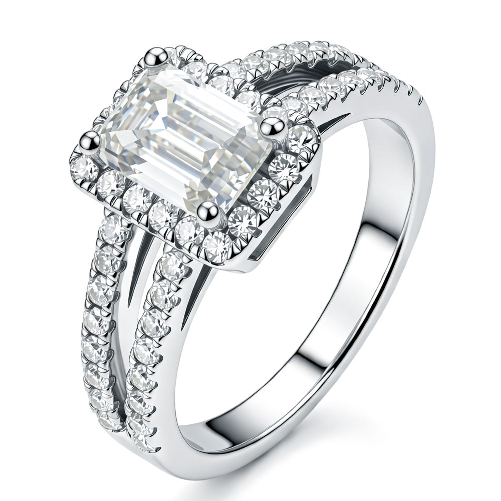 Lab Grown Diamond Emerald Cut Halo Engagement Ring Split Shank for Women