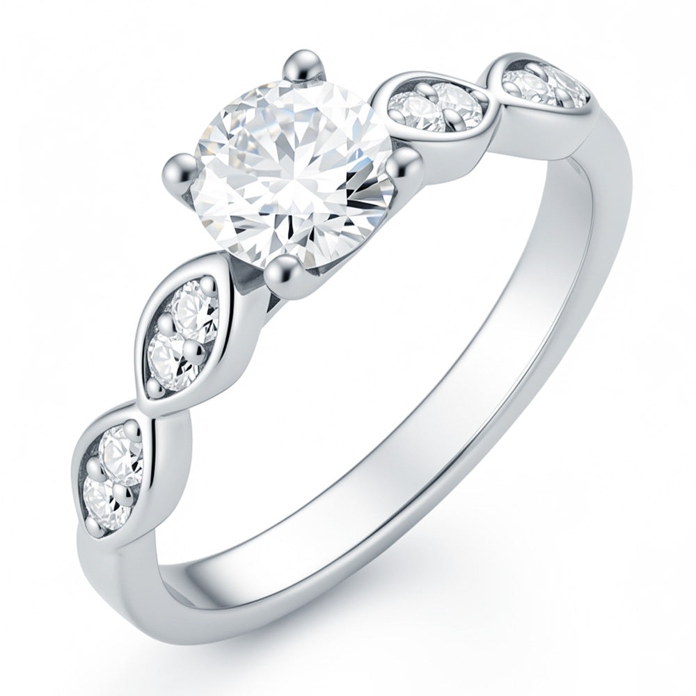 Round Cut Lab Grown Diamond Engagement Ring with Marquise Accents