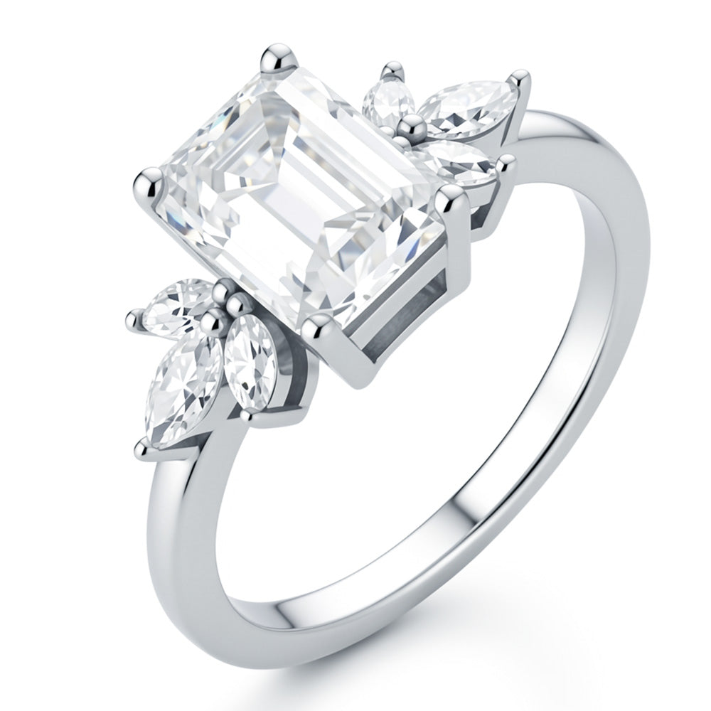 Emerald Cut Lab Grown Diamond Engagement Ring with Marquise Side Stones