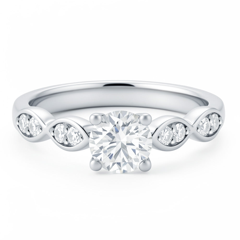 Round Cut Lab Grown Diamond Engagement Ring with Marquise Accents