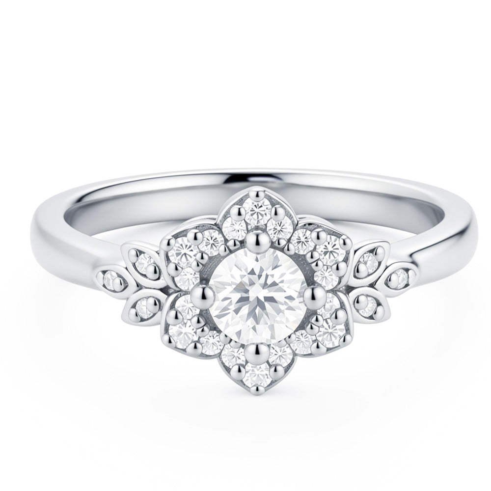 Round Cut Lab Grown Diamond Floral Halo Engagement Ring for Women
