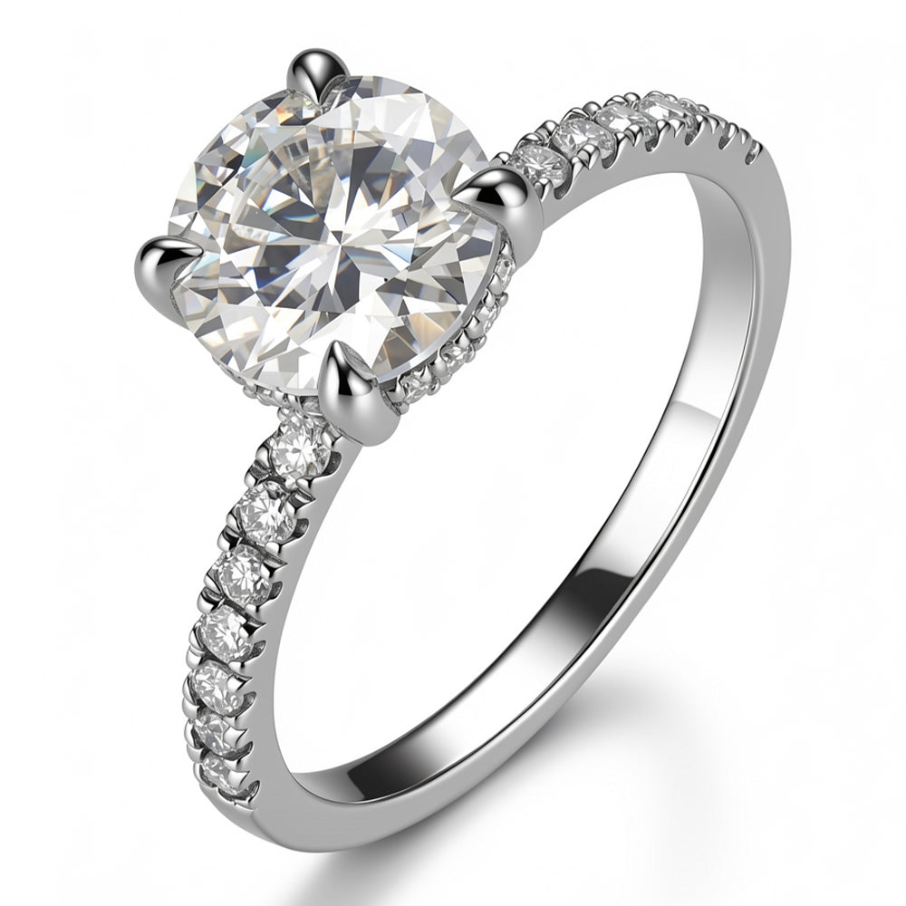 Solitaire Engagement Ring with Hidden Halo and Pavé Side Stones for Women