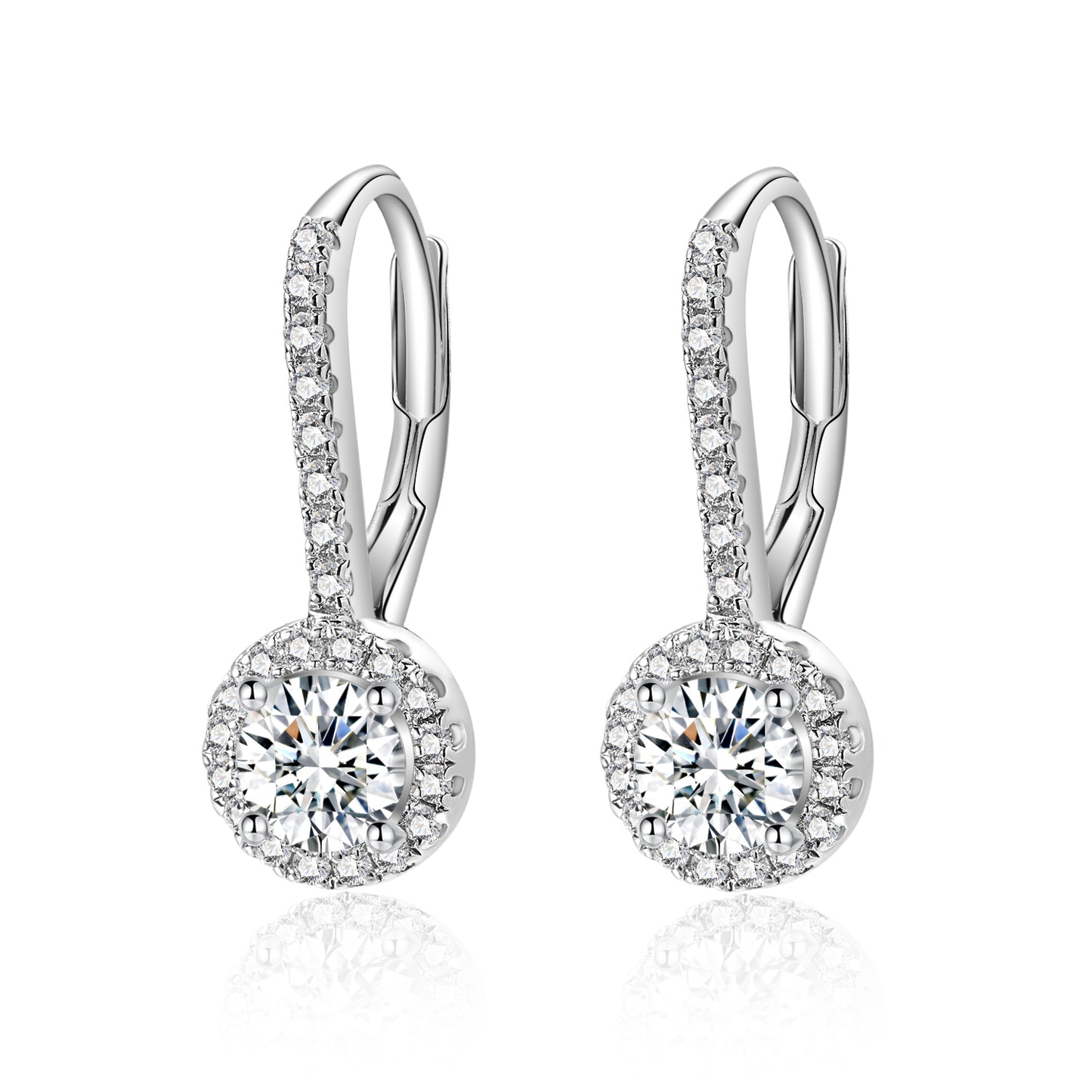 Moissanite Round Cut Halo Leverback Drop Earrings for Women 1CT