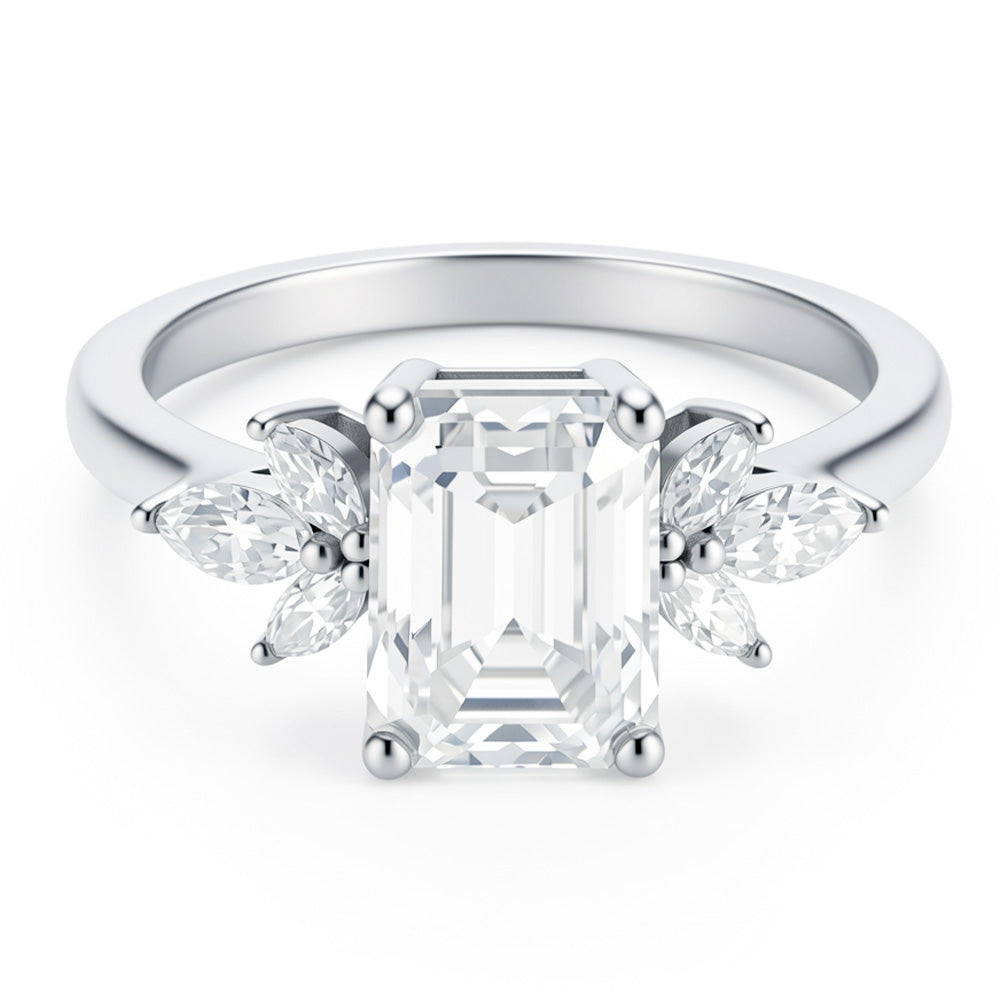 Emerald Cut Lab Grown Diamond Engagement Ring with Marquise Side Stones