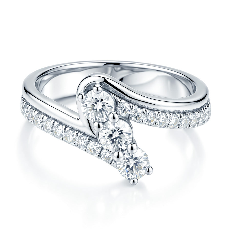 Lab Grown Diamond Three Stone Round Cut Engagement Ring with Pave Band for Women