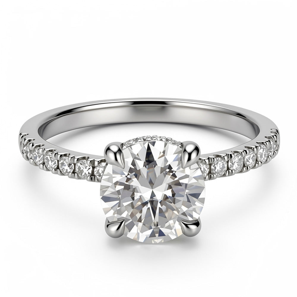 Solitaire Engagement Ring with Hidden Halo and Pavé Side Stones for Women