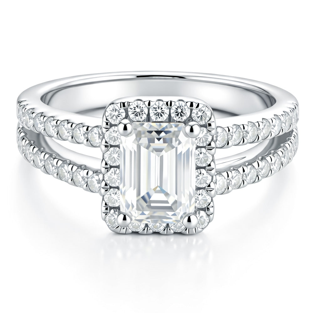 Lab Grown Diamond Emerald Cut Halo Engagement Ring Split Shank for Women