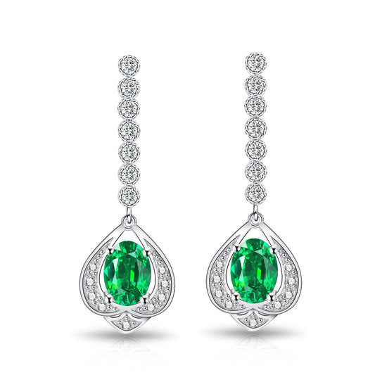 Moissanite Oval Emerald Vintage Drop Earrings in Silver