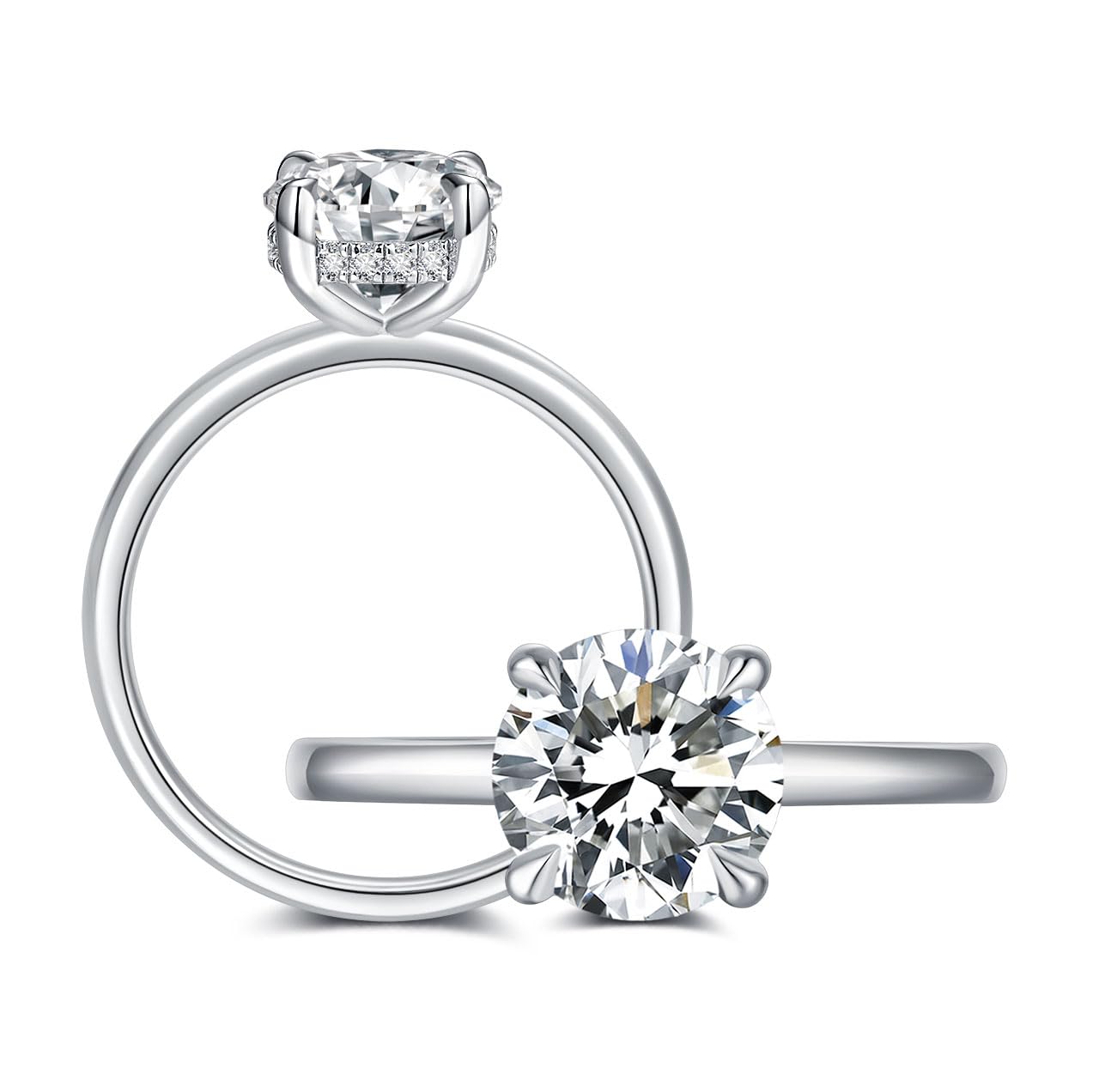 Solitaire Moissanite Engagement Ring for Women, 1-2CT Round Cut Hidden Halo Bridal Ring