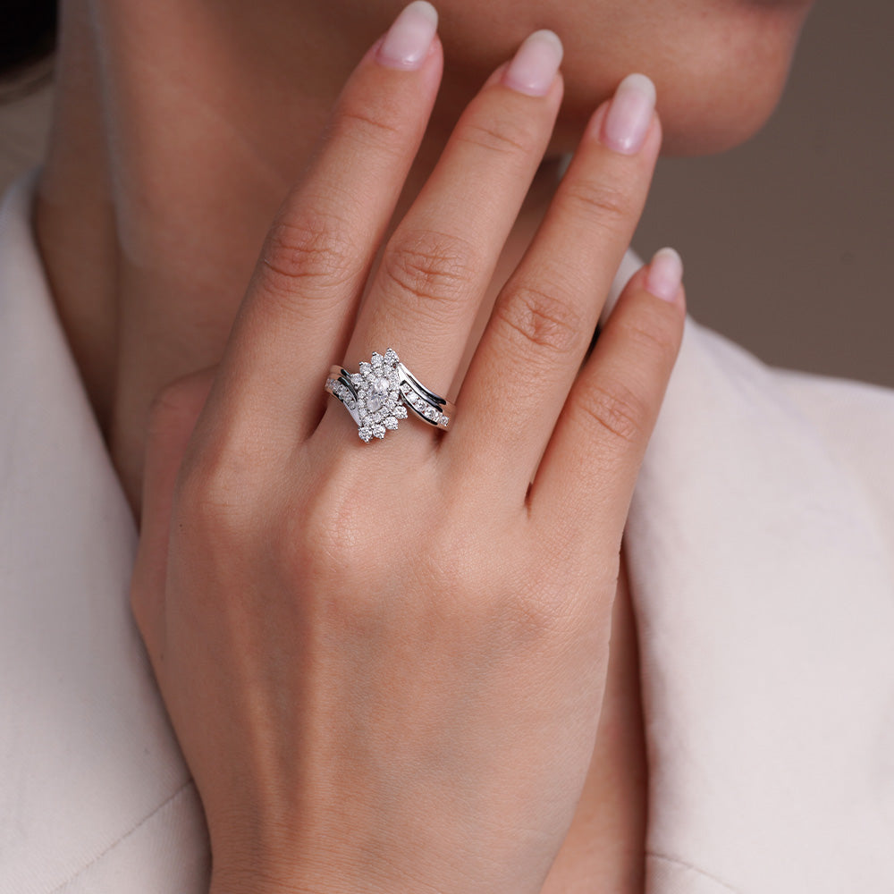 Lab Grown Diamond Marquise Art Decor Halo Cluster Bypass Engagement Ring