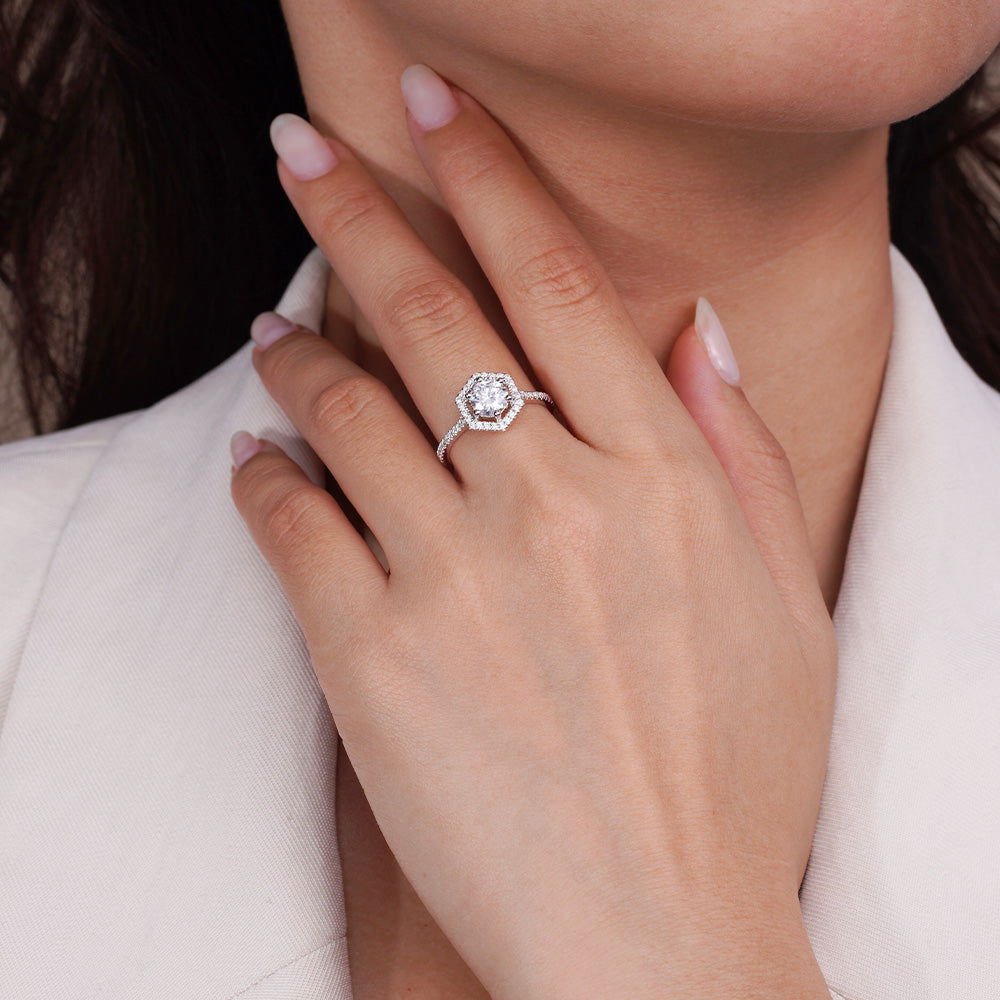 Lab Grown Diamond Art Deco Hexagon Halo Engagement Ring for Women