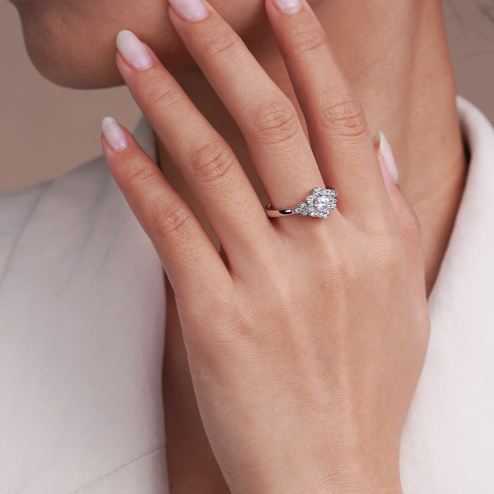 Round Cut Lab Grown Diamond Floral Halo Engagement Ring for Women
