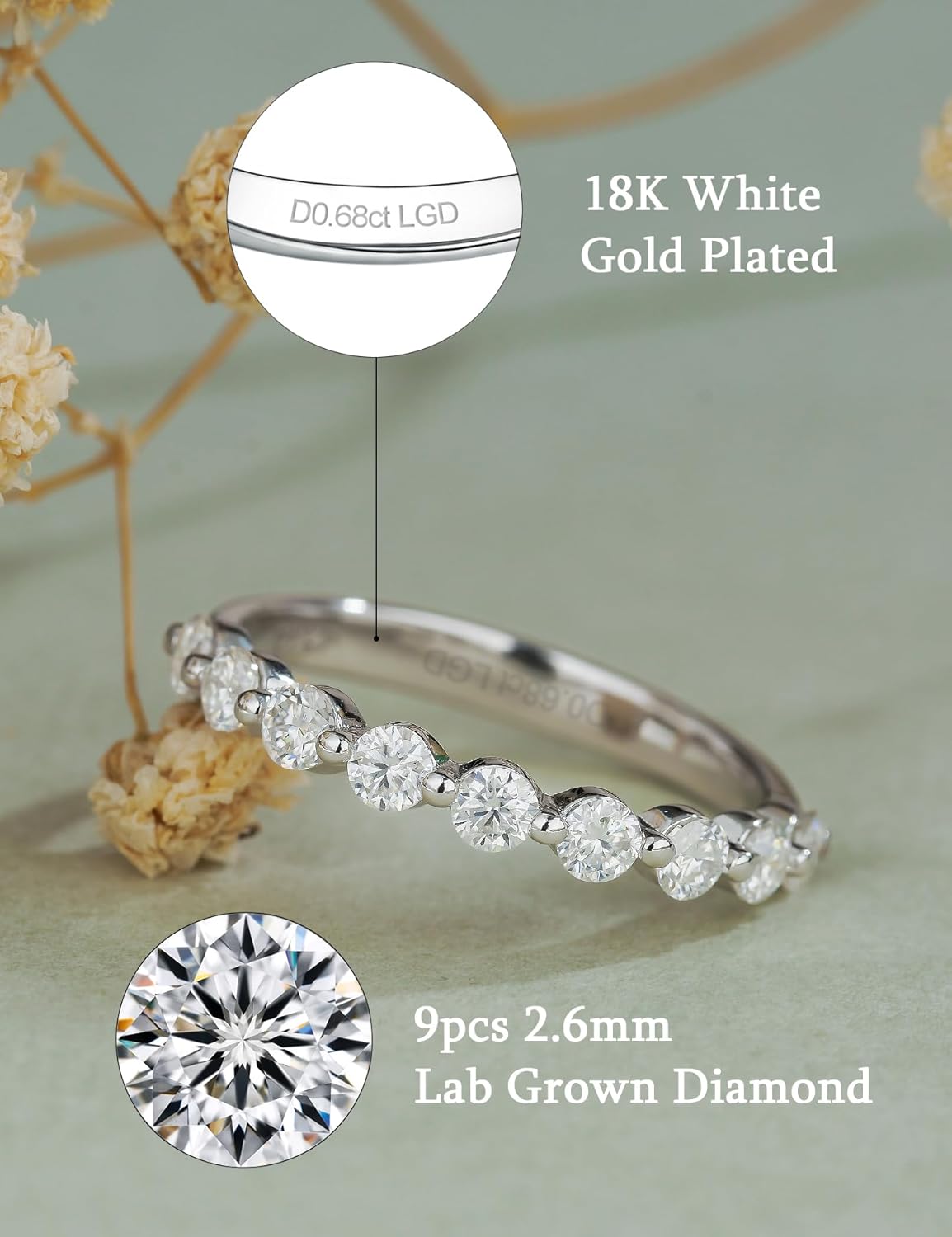 Lab Grown Diamond Haft Eternity Wedding Bands Rings 0.68 Carat