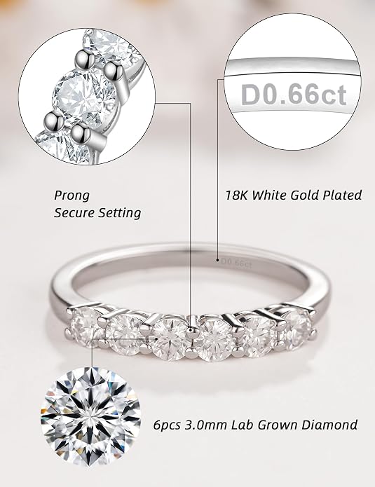 Lab Grown Diamond 6 Stones Wedding Bands Rings for Women in Sterling Silver