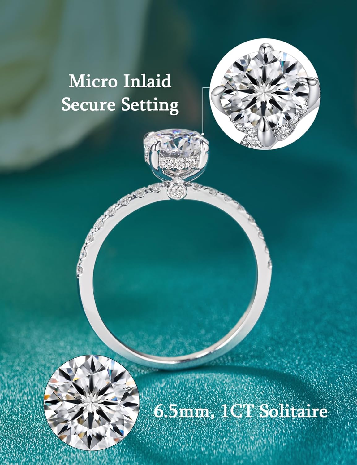 Moissanite Engagement Ring for Women, 1-2CT Round Cut Hidden Halo Bridal Solitaire Ring