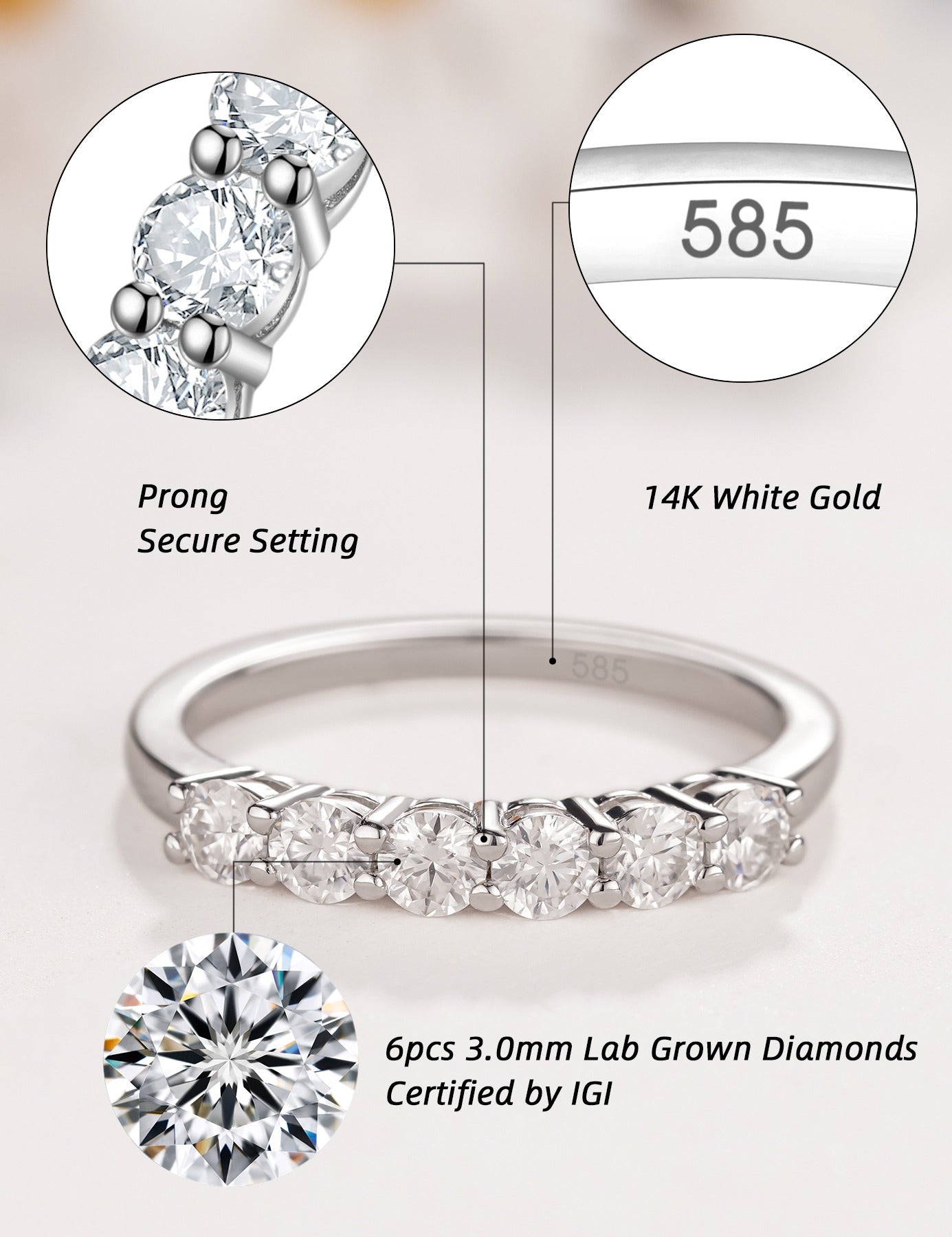 Lab Grown Diamond 6 Stones Wedding Bands Rings for Women in Sterling Silver