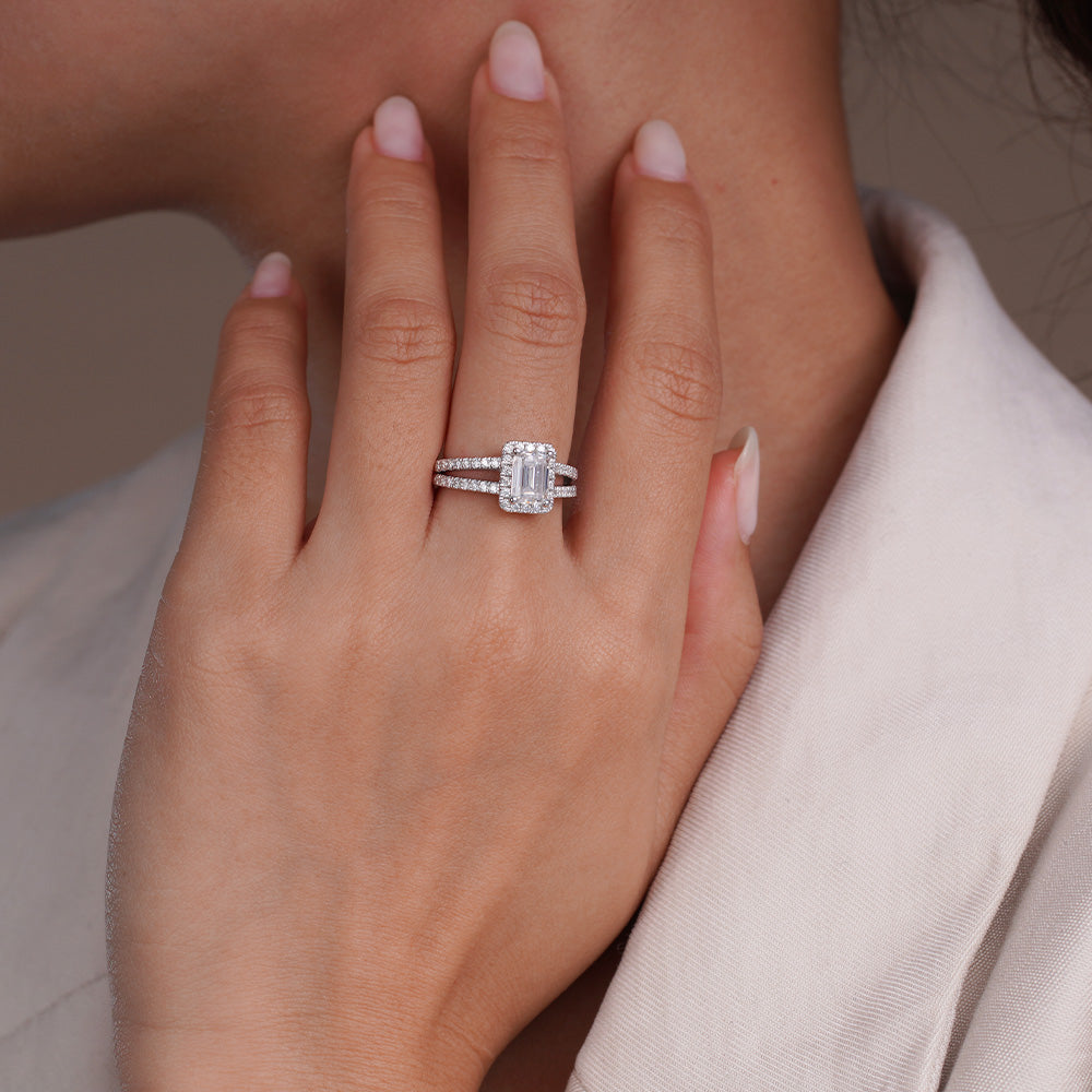Lab Grown Diamond Emerald Cut Halo Engagement Ring Split Shank for Women