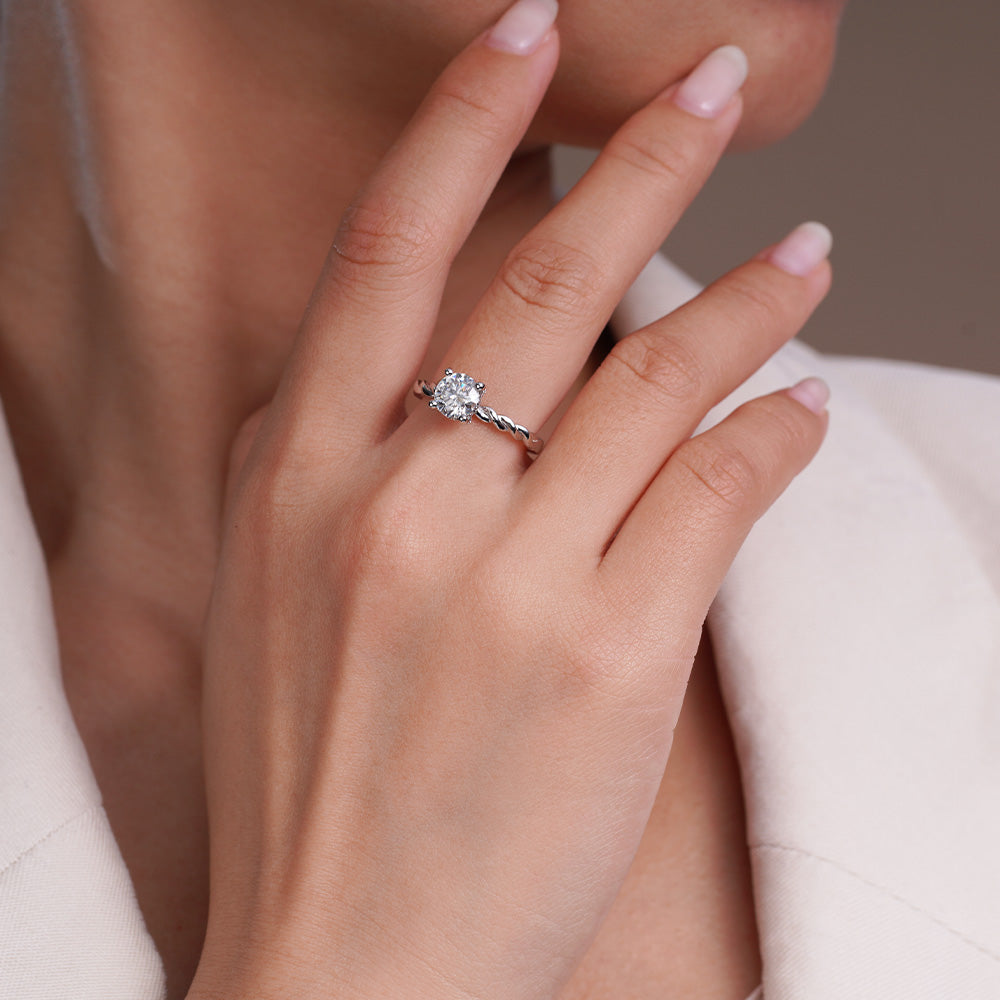 Lab Grown Diamond Solitaire Twist Engagement Ring with Hidden Halo