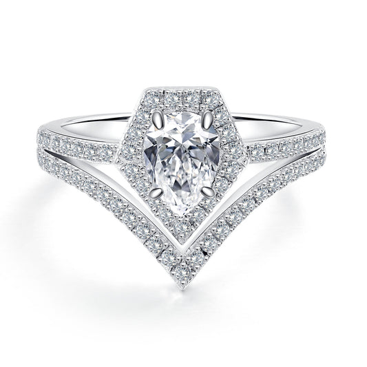 Moissanite Pear Shaped Halo Engagement Tiara Ring for Women