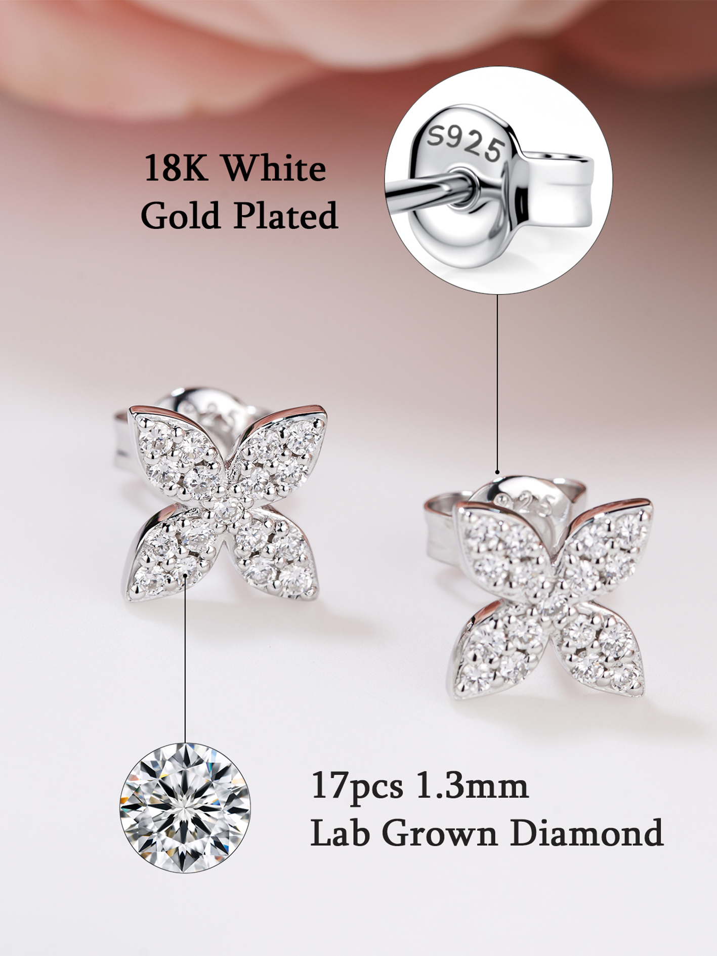 0.3CT Lab Grown Diamond Four-Leaf Clover Stud Earrings, Sterling Silver