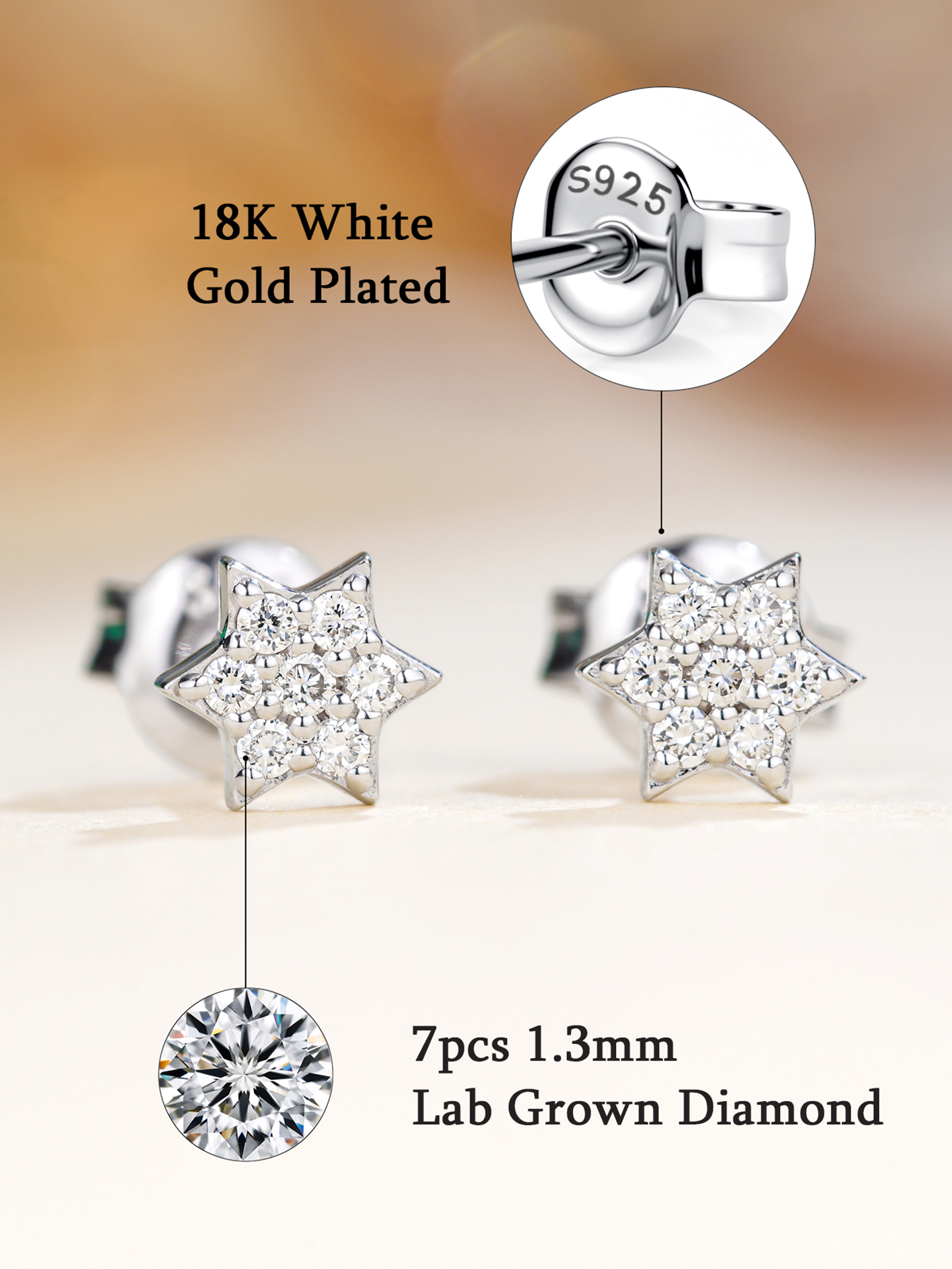 Lab Grown Diamond Star Stud Earrings for Women, Six-Point Star Earrings 0.14CT