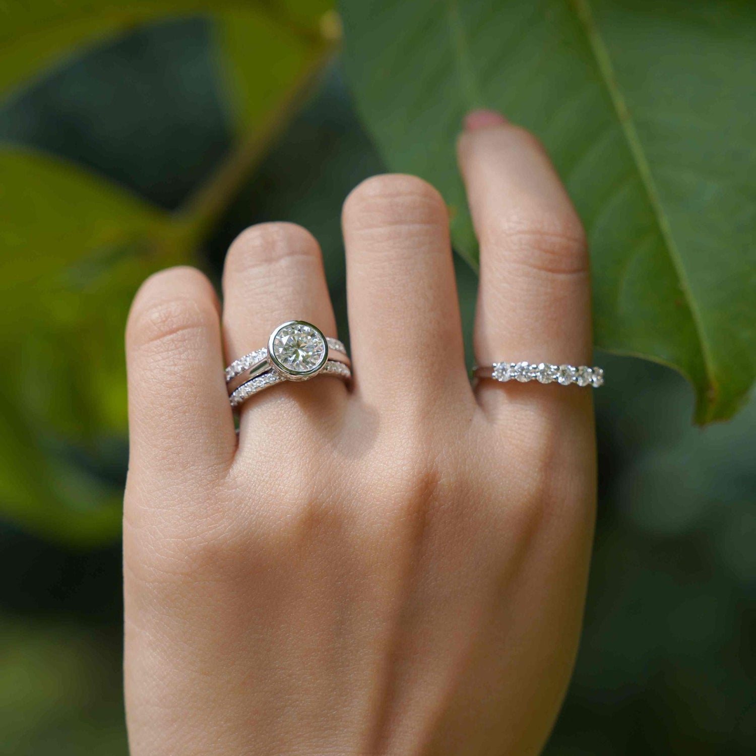 Lab Grown Diamond Solitaire Bezel Hidden Halo Engagement Ring