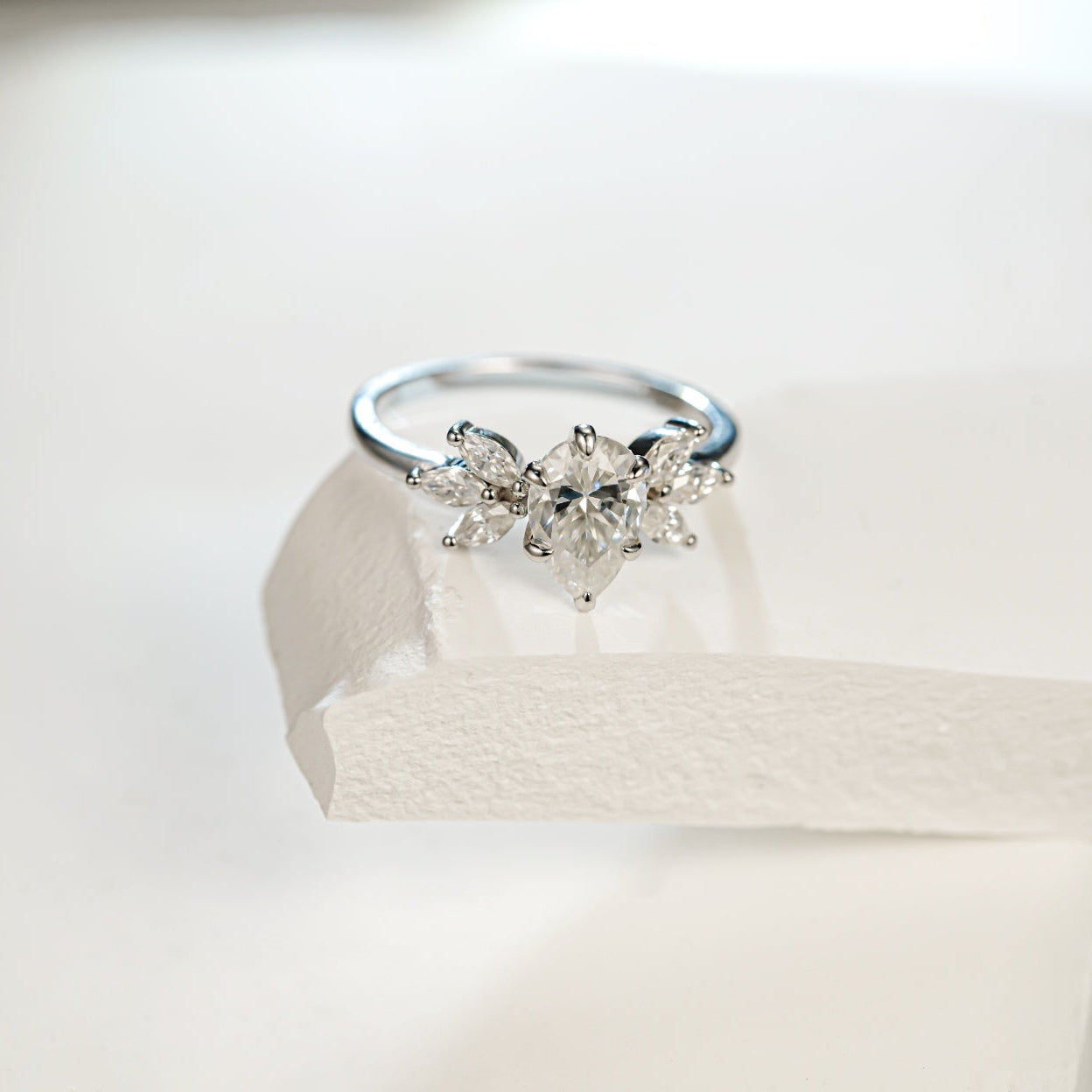 Pear Shaped Lab-Grown Diamond Ring with Marquise Accents 14K/18K Gold