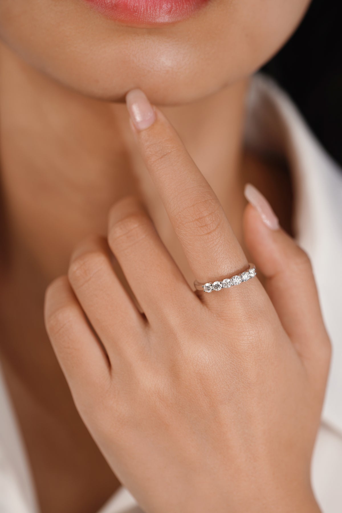 女性純銀實驗室培育鑽石六石結婚戒指