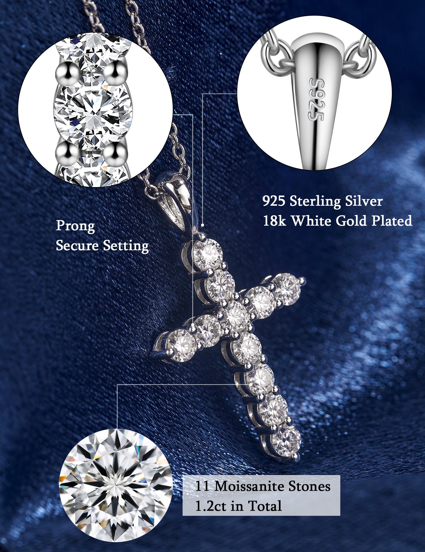 Moissanite Cross Pendent Necklace for Women in Sterling Silver 2.2MM/3MM