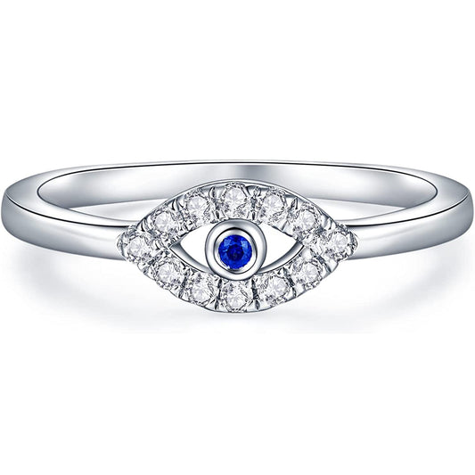 Moissanite Blue Evil Eye Ring for Women White Gold Plated