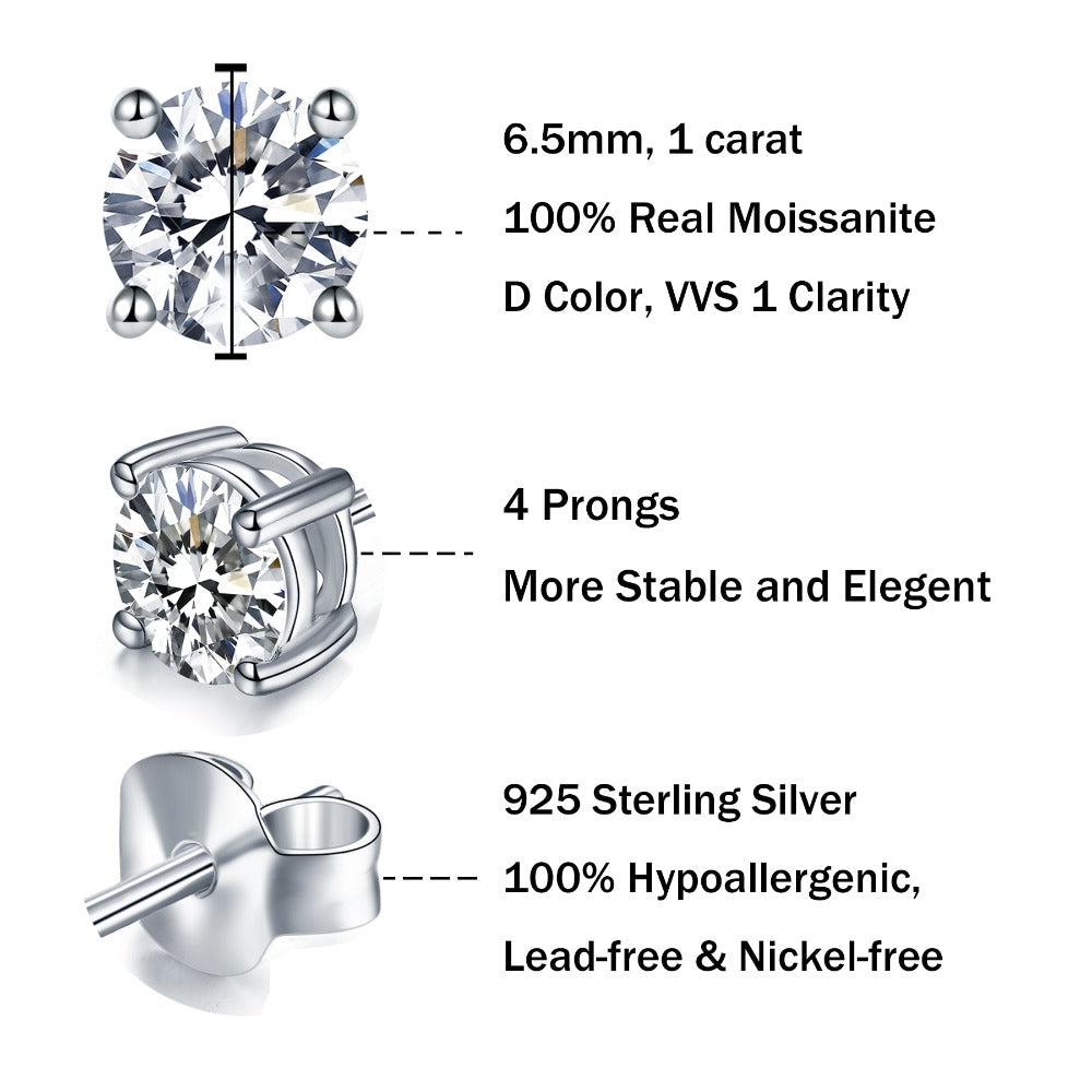 Moissanite Stud Earrings for Women Men 1-3CT