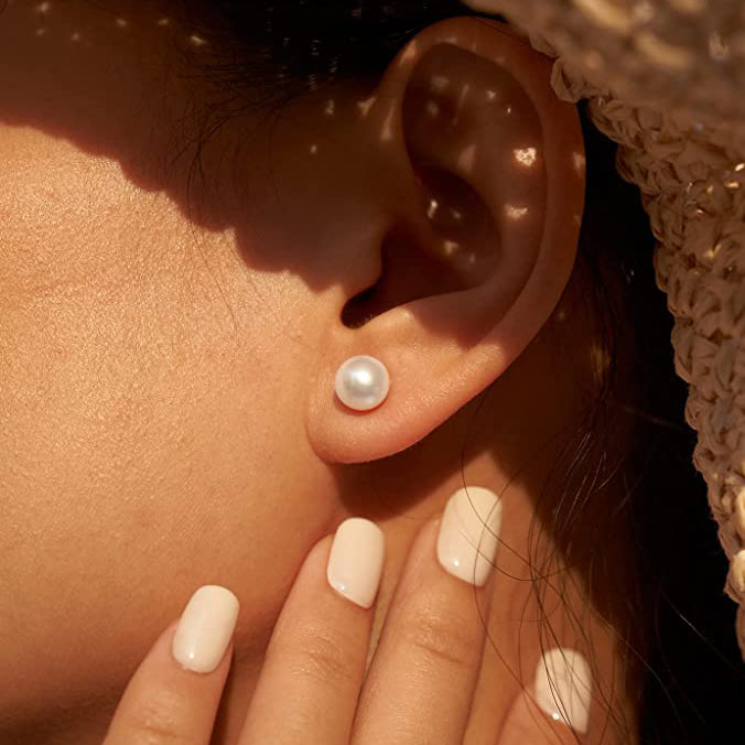 Pearl Earrings Stud for Women 7.5mm Cultured Freshwater Pearl
