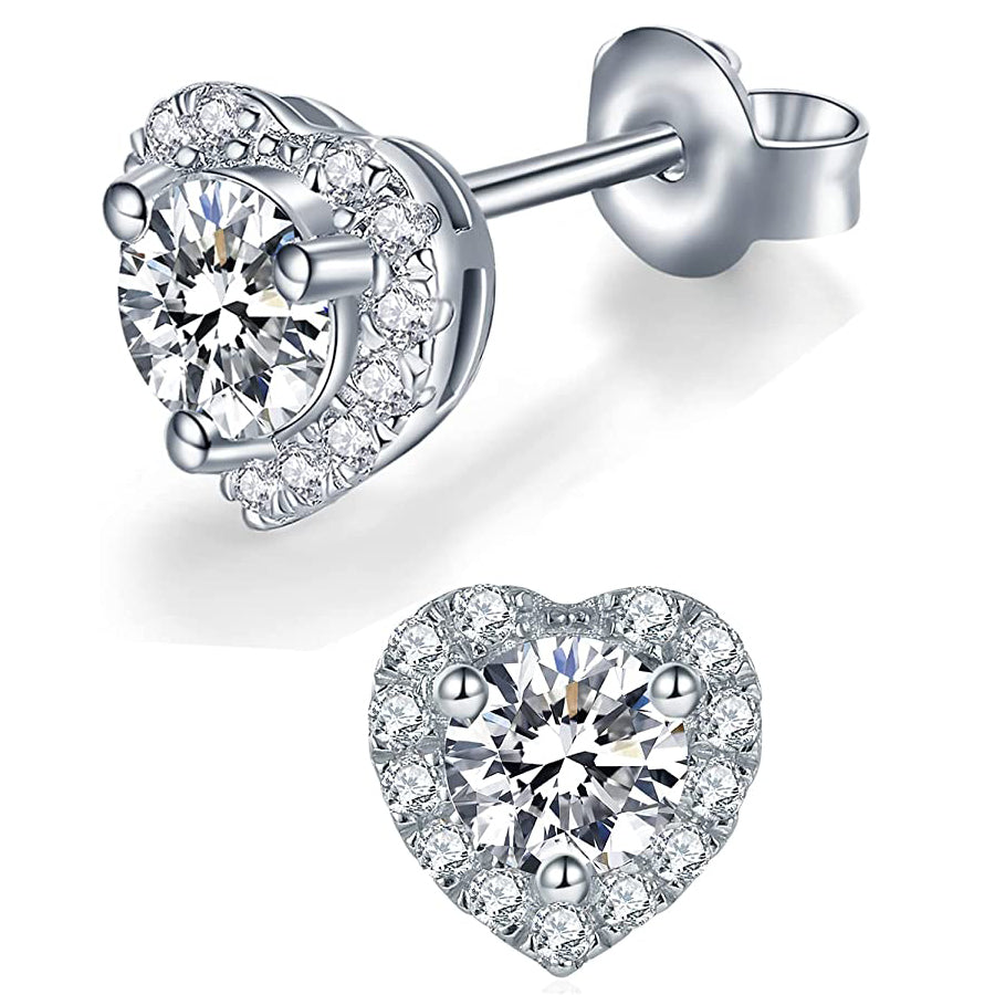 Moissanite Heart Shaped Halo Stud Earrings for Women 1CT