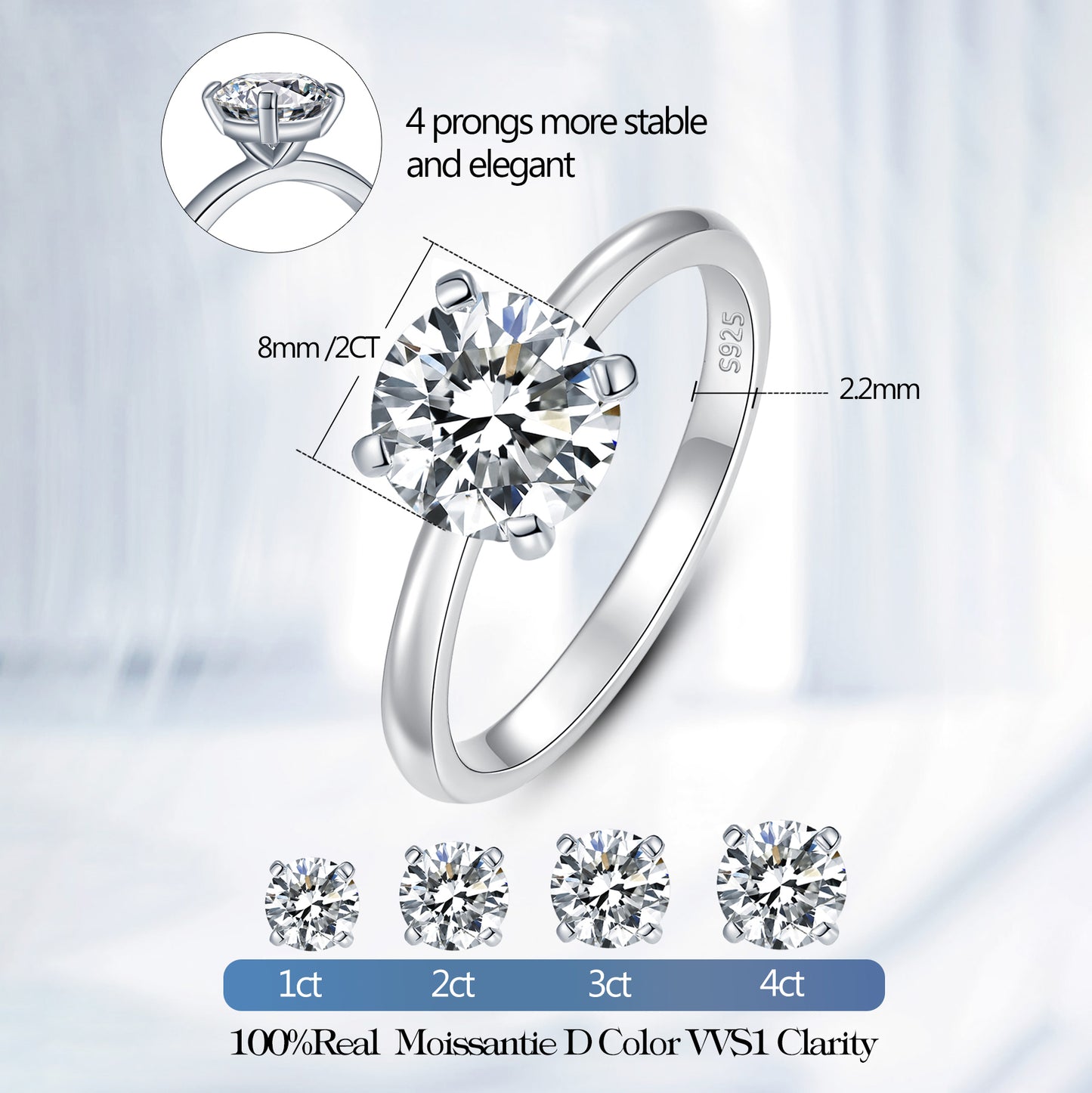 1-4 Carat Moissanite Solitaire Engagement Promise Ring for Women